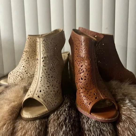 Chic Cut-Out Peep-Toe Heels in Tan and Brown - Picture 1 of 7